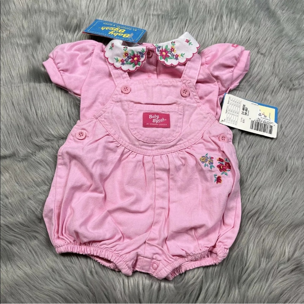 Vintage Made USA Oshkosh Bgosh Baby Girls Pink Floral Romper Shirt Set